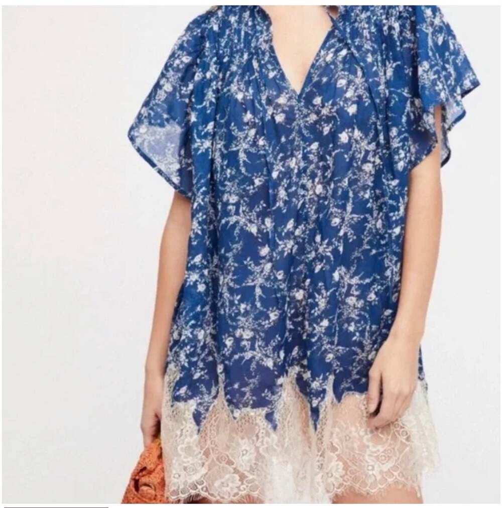 Free People Marigold Floral Lace Tunic Mini Dress in Blue medium light airy